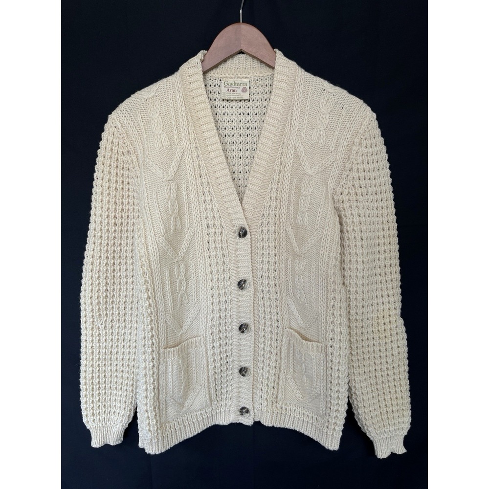 Vintage  Gaeltarra Mens Irish Hand Knit Pure Wool Cardigan Sweater Size 40 Cream